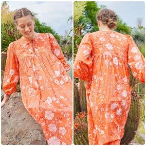 Matta Hamsa Garden Coral Floral Tiered Midi Dress Sz XS Tie Neck Boho Modest